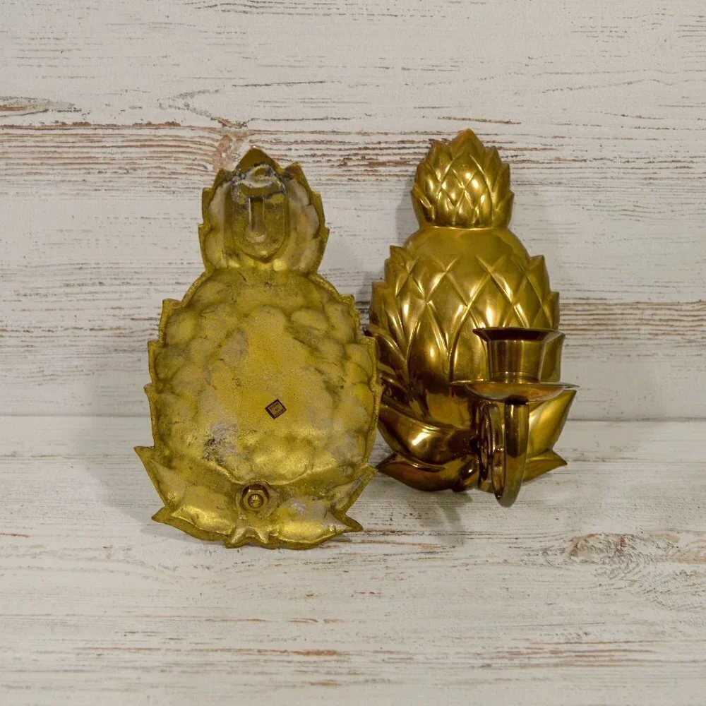 Pair of Heavy Brass Pineapple Candle Holders Wall Hanging